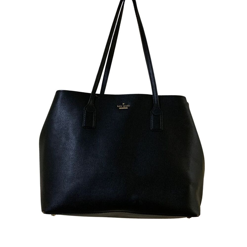 Kate Spade Black Leather Tote Bag Leopard Print Interior Large Work Bag
